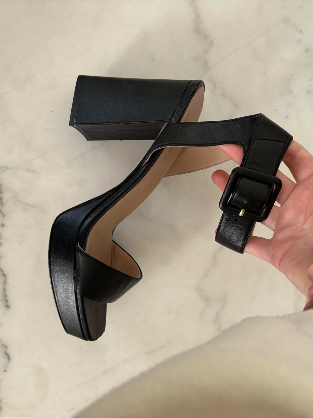 Black Leather Platform Block Heel Sandals